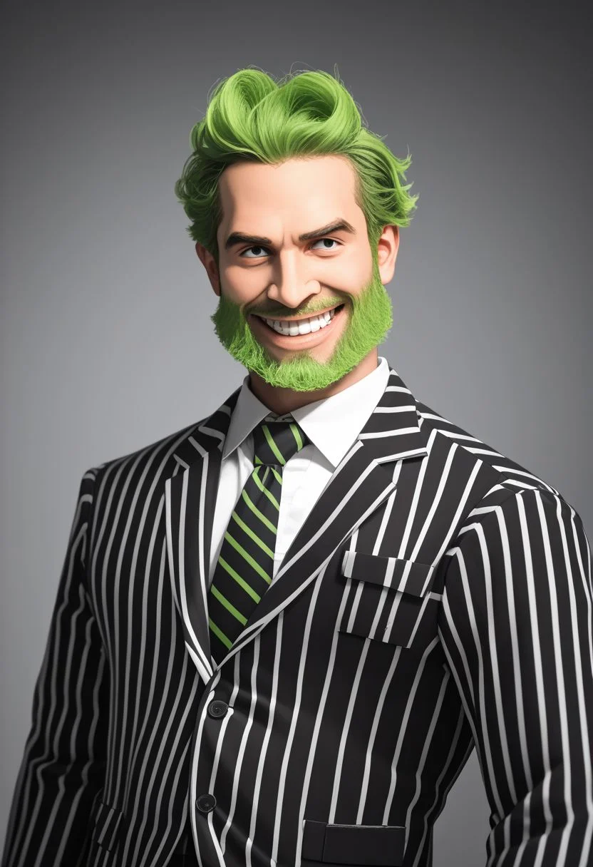 a portrait photograph of (bjzzs), 1boy, male focus, solo , suit, jacket, beard, pinstripe pattern, vertical stripes, long sleeves, necktie, green hair, pants, shirt, striped, formal, prison clothes, poltergeist vibes, portrait, upper body, grin, beetlejuice beetlejuice beetlejuice, Lomo, Shot on 70mm, Warm Color Palette, Kodachrome, ProPhoto RGB, Rim Lights, Backlight, Natural Lighting, zPDXL , official photography, best poltergeist,
