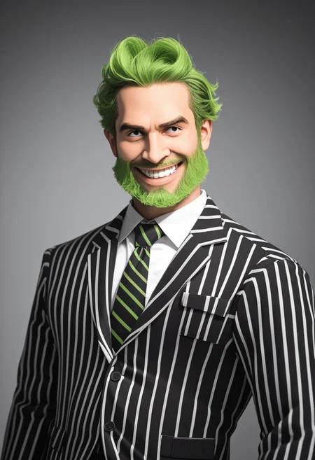 a portrait photograph of (bjzzs), 1boy, male focus, solo , suit, jacket, beard, pinstripe pattern, vertical stripes, long sleeves, necktie, green hair, pants, shirt, striped, formal, prison clothes, poltergeist vibes, portrait, upper body, grin, beetlejuice beetlejuice beetlejuice, Lomo, Shot on 70mm, Warm Color Palette, Kodachrome, ProPhoto RGB, Rim Lights, Backlight, Natural Lighting, zPDXL , official photography, best poltergeist,
