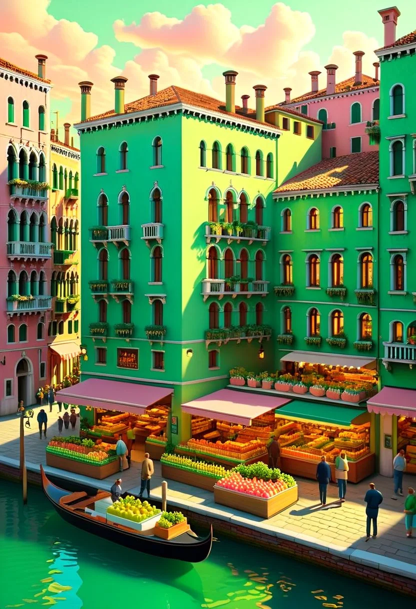 ispzxll, no humans, dioramaplant, isometric, miniature, futuristic soviet-inspired venice building street scene, seaform-green and pale-pink pastel colors, golden hour, long shadows, volumetric lighting style, pedestrian crowds, fruit stands, boats in canals, storefronts, epic architecture, intricate details, potted plants, ultra-detailed, 8k, fluffy clouds