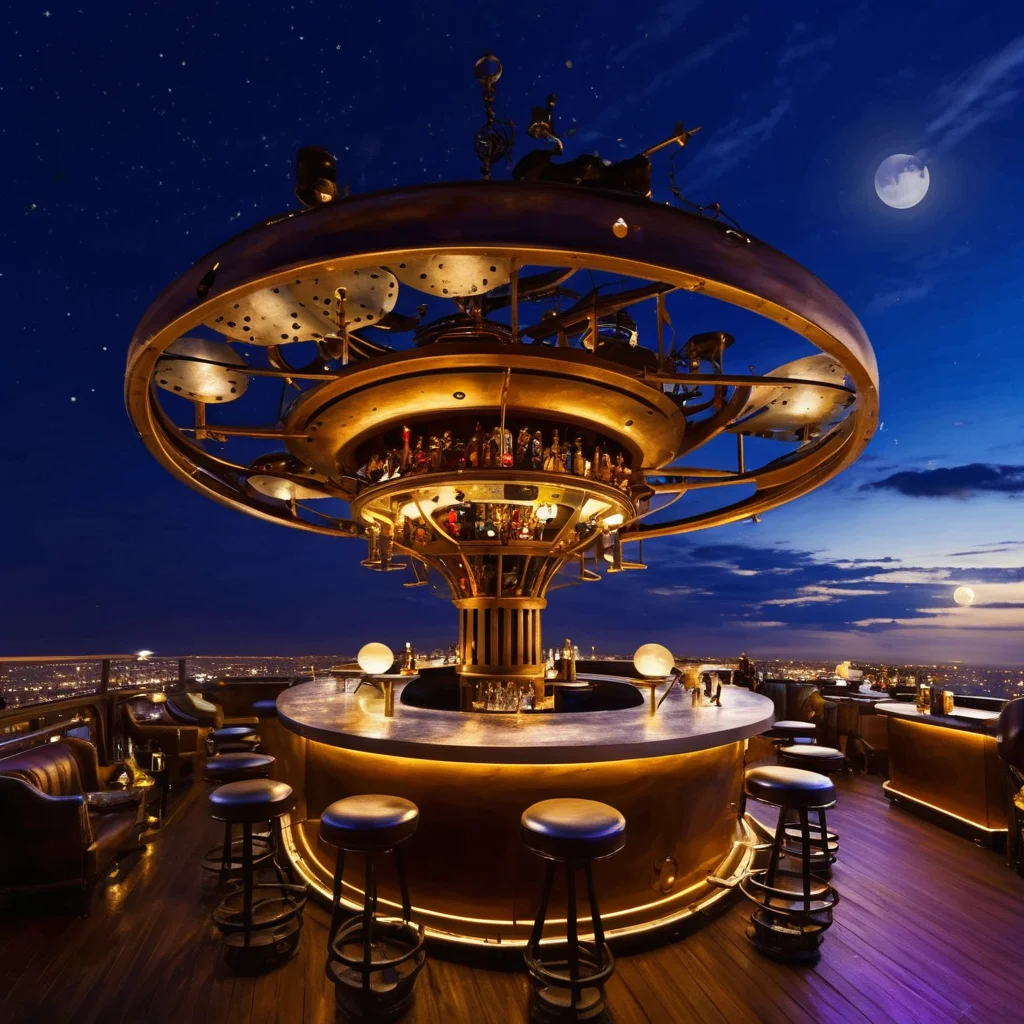 skybar,<lora:20240705-1720127504546:0.6>,rooftop bar,steampunk decoration,mechanical future,machinery floating in the air above the bar,sky,moon,sky,night,sky,cloud,balcony,open air,starry_sky,exaggerated artistic modeling,masterpiece,best picture quality,