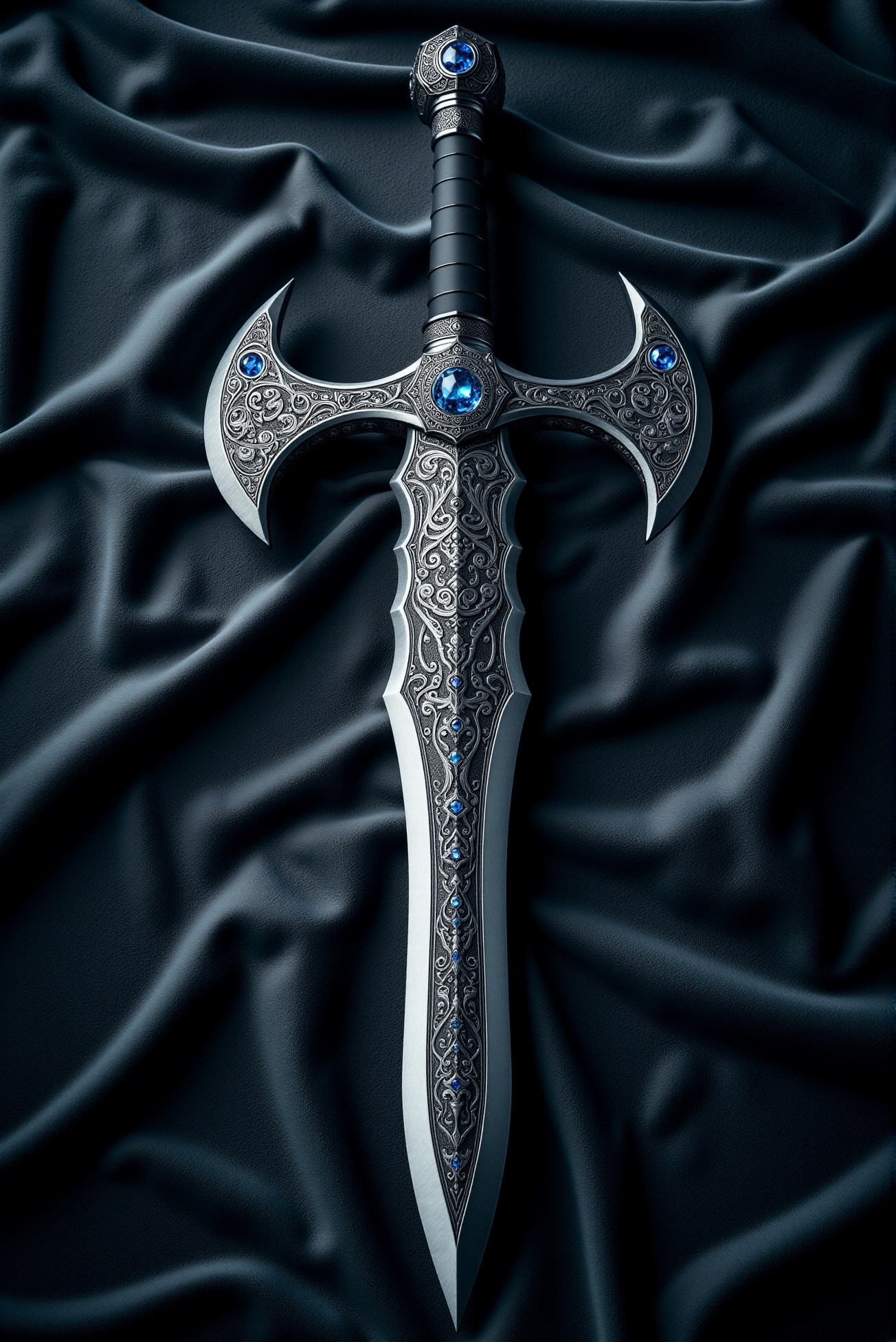 <lora:Cold_Weapon:0.7> ColdWeapons style. This image showcases  a macro shot of an exquisitely designed battle axe, a true masterpiece of craftsmanship blending intricate artistry with formidable lethality. The sharp blade, forged from polished steel with a mirror-like finish, is adorned with an elaborate engravings. The hilt and guard are ornately sculpted, featuring elaborate filigree and gothic motifs in polished blued steel, accentuated by deep carvings and swirling patterns reminiscent of ancient mystical runes. The crossguard extends into sharply curved talons, echoing the wave form, creating an imposing silhouette that speaks of both elegance and destruction. Subtle gemstones are embedded within the hilt, shimmering with an inner light that suggests latent magical energy coursing through the weapon. The handle, wrapped in black leather, offers an ergonomic grip, ensuring both comfort and precise control. Every detail, from the elegant curvature of the blade's edge to the subtle interplay of light and shadow across its engravings, conveys a sense of power and history, as though this sword has witnessed legendary battles and awaits the hand of a worthy warrior to wield its might once more. Dark gray with black undertone velvet background.