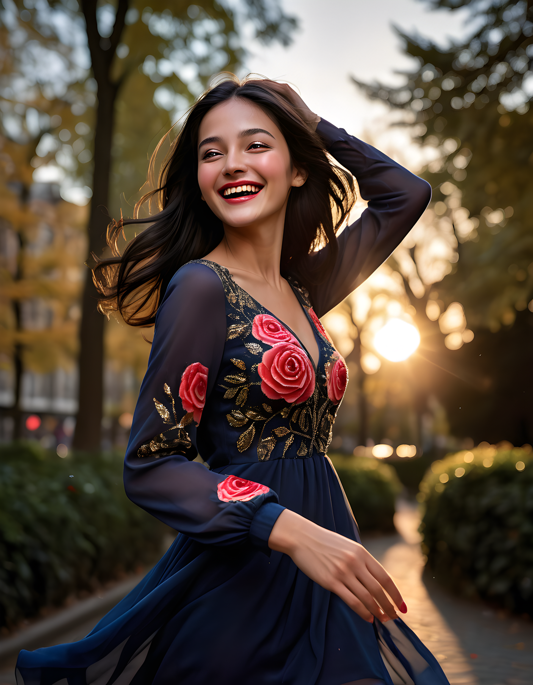 N4NCYJMM, In a bustling, vibrant city park bathed in the golden glow of early evening sunlight filtering through towering trees, a radiant woman with black hair cascading down her shoulders and warm brown eyes that sparkle with joy, is captured mid-stride. She wears an elegant long-sleeve dress of deep midnight blue, the fabric billowing slightly as she moves. Her hands clutch a delicate, red rose, its petals contrasting beautifully against the dark fabric and her fair complexion. Her closed mouth forms a subtle smile that hints at laughter or a secret shared, while her pearly white teeth flash invitingly. The camera angle is positioned slightly above, capturing not only the woman but also the colorful mosaic of people and cityscape behind her, adding depth and energy to the serene yet captivating scene.