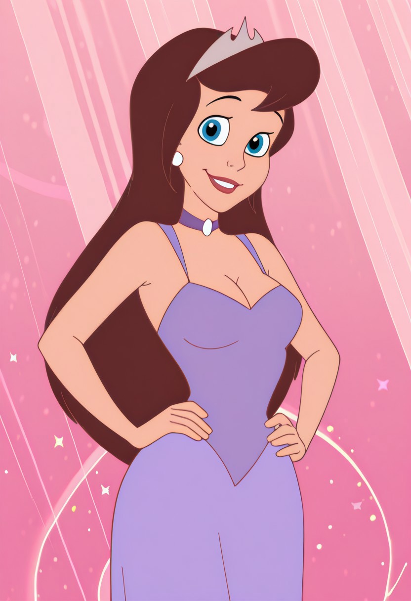 masterpiece, best quality, amazing quality, c14r4p, 1girl, brown hair, tiara, white earrings, purple choker, purple dress, hands on hips, looking at viewer, smile, cowboy shot, pink background, (colorful sparkles background, light rays:0.9),