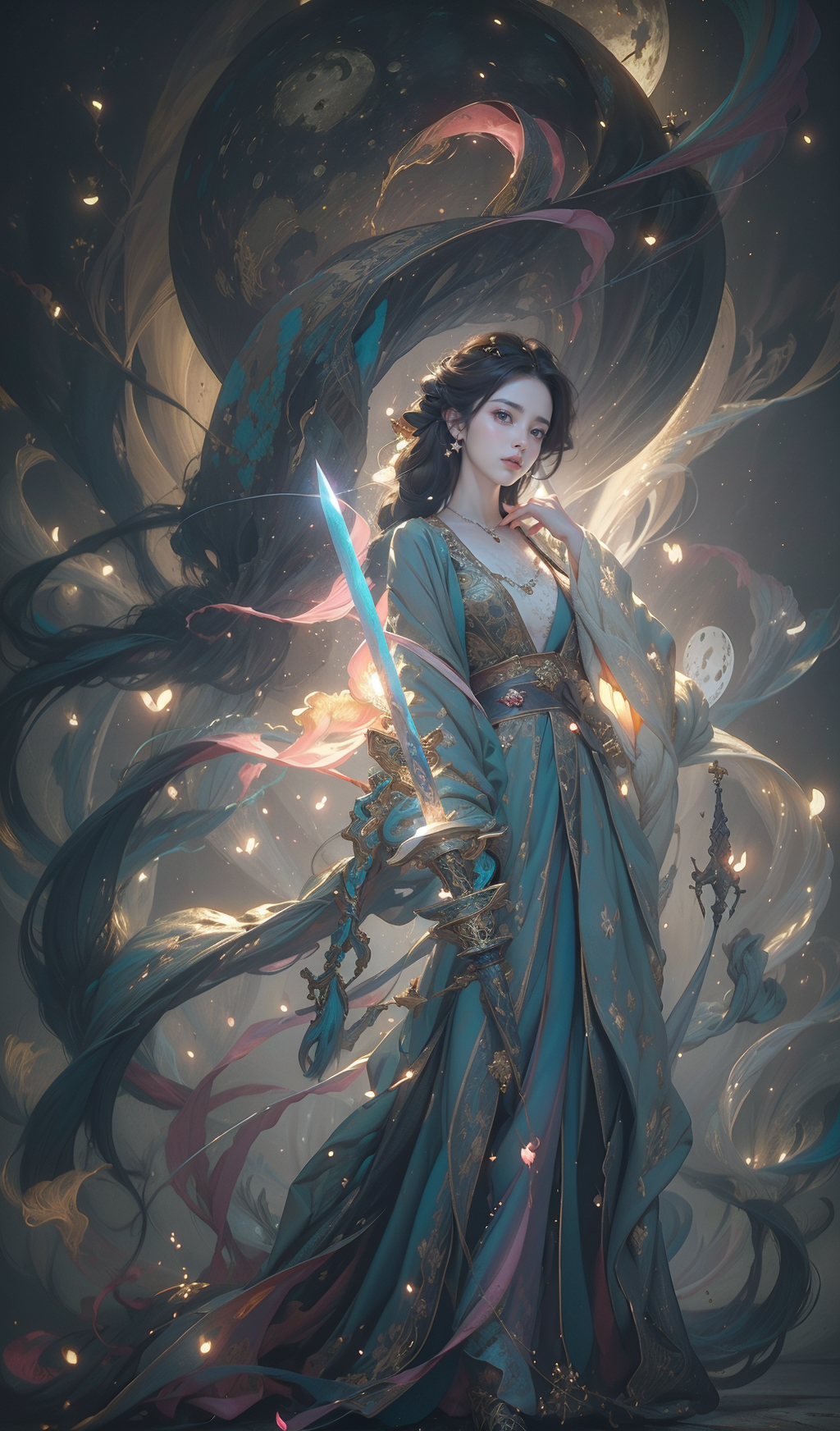 (moon:1.4),(bare shoulders:0.85), ((nude:1)),(boobs naked:0.55), (Glowing ambiance, enchanting radiance, luminous lighting, ethereal atmosphere, mesmerizing glow, evocative hues, captivating coloration, dramatic lighting, enchanting aura),(1girl:1.4), ((solo)), masterpiece,best quality, 1girl,(holding a long sword in hand),
(in smoke:1.1),(dynamic smokeanywhere:1.4),<lora:smokeanywhere:0.55>,(upper body:1.2),((nipples:0.55)),girl with a weak temperament,cinematiclighting,(gold trim:1),((illustration)), ((floating hair)),dynamic angle,  ((((full body)))), (1 female), ((solo)), detailed face, asymmetrical bangs, (beautiful detailed eyes), ((colorful refraction)), (beautiful detailed sky), (((Life optical flow))),((dark intense shadows)), ((cinematic lighting)),(expressionless),((sharp focus)), (((masterpiece))), (((best quality))),
epic cinematic, soft nature lights, rim light, absurd, amazing, funny, itricate, hyper detailed, ultra realistic, soft colors,
<lora:oc_v10:0.5:PALETTE> <lora:lowra_v10:0.4>  white flower<lora:anxiang:0.65><lora:zhongfenghua:0.55:PALETTE>,pink flowers,(moon),