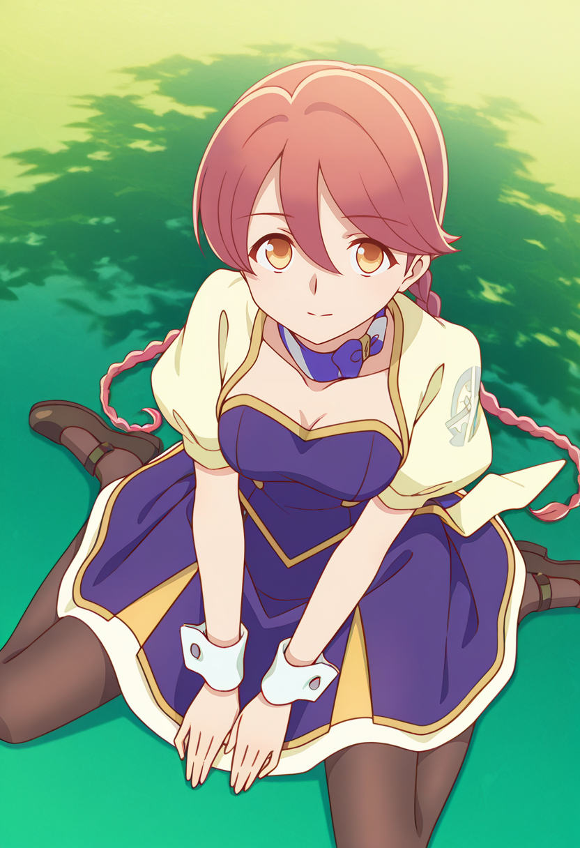 <lora:Yachiyo_illustrious-000028:1>,
Yachiyo,solo,braid,twin braids,pantyhose,dress,wrist cuffs,red hair,wariza,from_above
