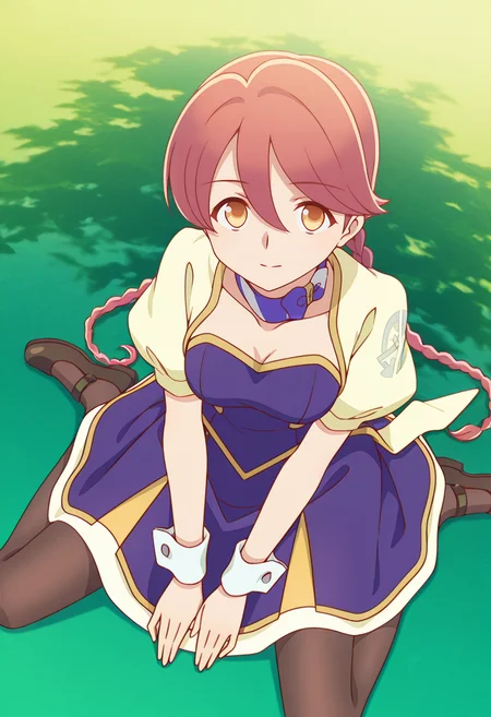 <lora:Yachiyo_illustrious-000028:1>,
Yachiyo,solo,braid,twin braids,pantyhose,dress,wrist cuffs,red hair,wariza,from_above