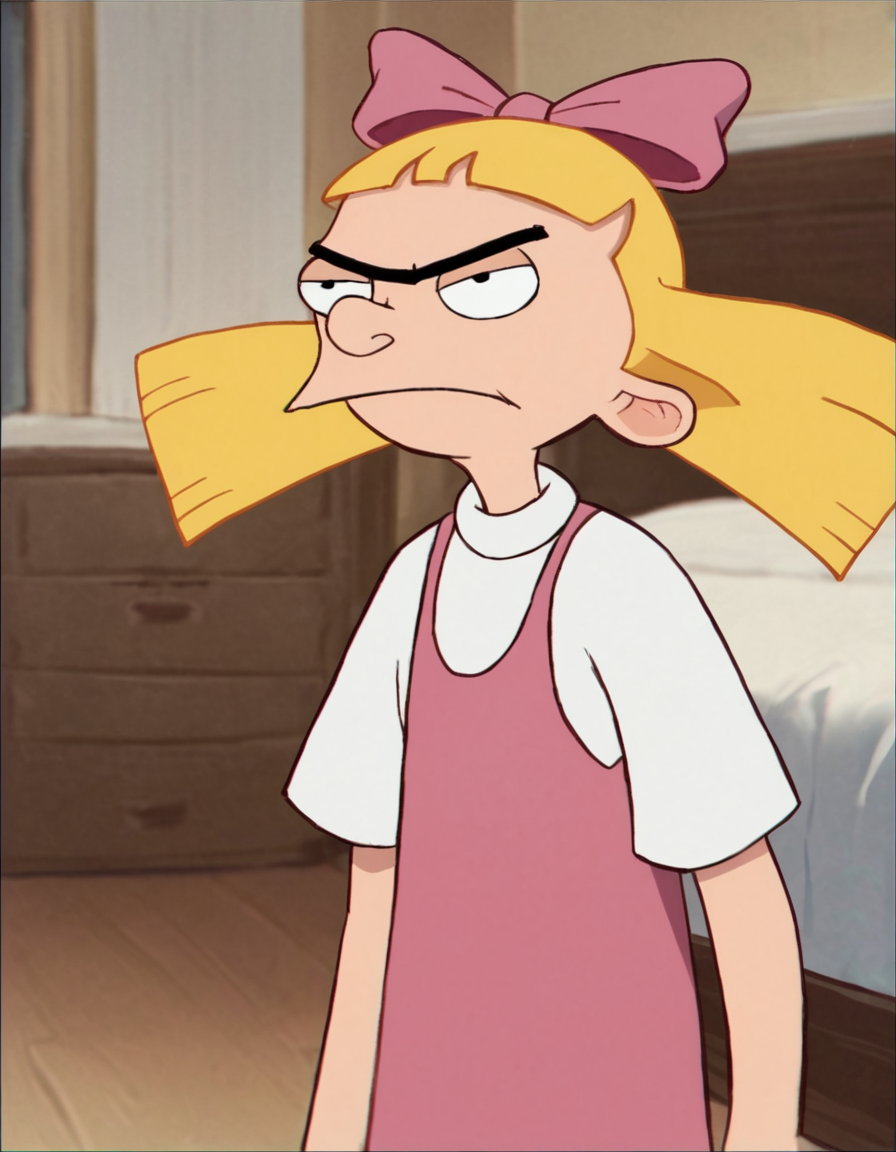 score_9_up, score_8_up, score_7_up, score_6_up, score_5_up, score_4_up BREAK helga g pataki (hey arnold), blonde hair, bow, hair bow, pink bow, bangs, blunt bangs, pink dress, white shirt, bedroom, scowl