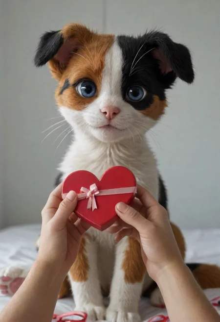 Photorealism,cute kitten, Red heart-shaped box in hand,sunlight, softlight, cute paw pad,ribbon, calico, smile