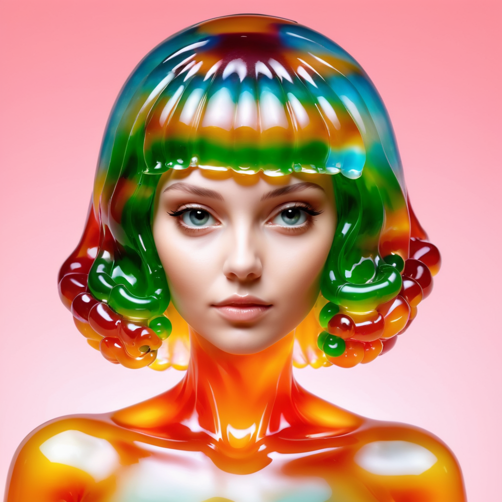 made out of Jed-Jly, <lora:JellyStyle-000007:1>, full body shot of a Arcadian Female Pop star, Bob hair, background, Selective focus, One Color, girl, romanticism, ambient atmosphere, lush, gorgeous, radiant, modified, complex
