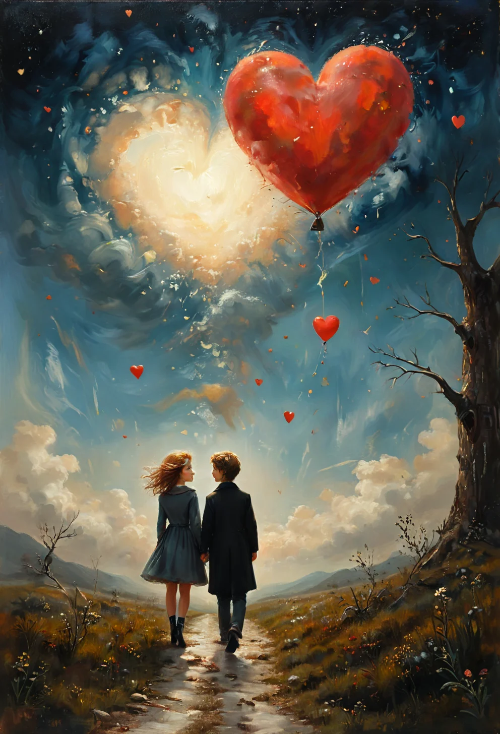Oil painting, cute, colorful, vivid and whimsical, imaginative, surreal fantasy,  An epic image of unrequited lost love, ((dynamic angle, dynamic view, dynamic pose)), blurred background, 
<lora:add-detail-xl:1> ,  <lora:aidmaImageUpgraderSDXL-v0.3:0.75> aidmaimageupgrader,   <lora:xl_more_art-full_v1:1>,   <lora:tbh210-sdxl:0.35> style of Art Frahm,  <lora:tbh278-sdxl:0.30> style of Stephen Mackey,  <lora:tbh102-sdxl:0.45> style of Andreas Achenbach <lora:Flux-style-xl-lora:0.85> flux-style
