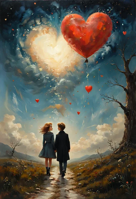 Oil painting, cute, colorful, vivid and whimsical, imaginative, surreal fantasy, An epic image of unrequited lost love, ((dynamic angle, dynamic view, dynamic pose)), blurred background,
<lora:add-detail-xl:1> , <lora:aidmaImageUpgraderSDXL-v0.3:0.75> aidmaimageupgrader, <lora:xl_more_art-full_v1:1>, <lora:tbh210-sdxl:0.35> style of Art Frahm, <lora:tbh278-sdxl:0.30> style of Stephen Mackey, <lora:tbh102-sdxl:0.45> style of Andreas Achenbach <lora:Flux-style-xl-lora:0.85> flux-style