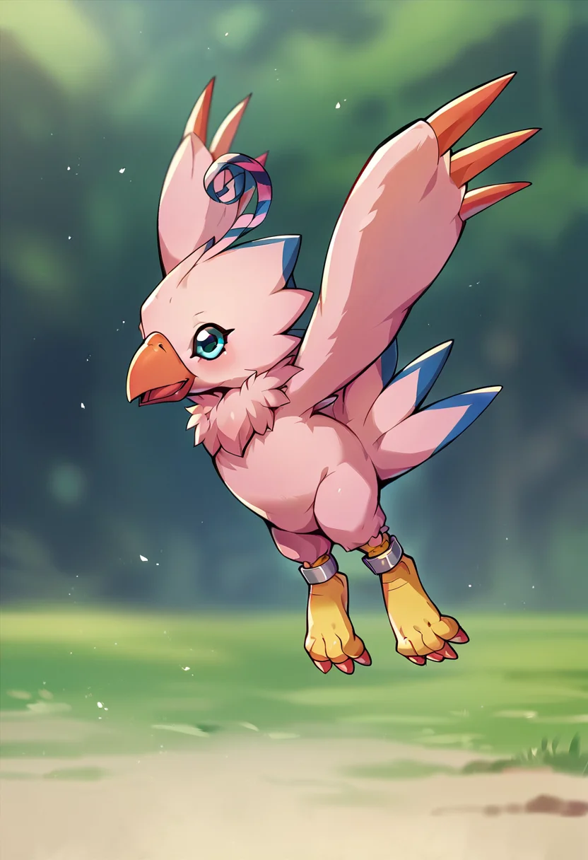 score_9, score_8_up, score_7_up, score_6_up, source_furry, solo, dof, full-length portrait, feral, blurred background, <lora:DIGIMON_BIYOMON:1> biymon, digimon (creature), ankle bracelet, beak, bird, avian, flying