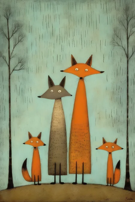 <lora:Tracie Grimwood Style:1>Tracie Grimwood Style - a family of foxes in the style of sam toft