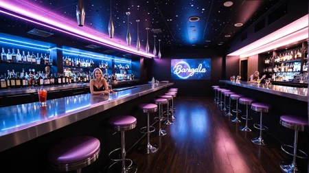 cinematic photo of Stabitha_Strangula, dynamic pose, (Point-of-view shot:1.5), (style of Alex Prager), intergalactic bartender, sleek futuristic attire, textured metallic fabric, silver accents, cosmic neon lights around bar, curved polished countertop, reflective surfaces filled with exotic galactic drinks, crowd of aliens surrounding bartender, diverse species, colors, textures, exaggerated features, elegant and rugged, space opera western aesthetic, blend of dusty desert undertones with futuristic shine, vast panoramic view of distant stars, planets, nebulae visible through expansive floor-to-ceiling window, lively scene, vibrant dim lighting, rich deep purples and blues contrasting with warm amber hints, bartender in charismatic stance, poised hand serving brightly colored drink, warm smiles, camaraderie, bustling space saloon atmosphere, dynamic composition, rule of thirds highlighting bartender, bold mood, energetic, retro futuristic style artistate, intricate elements, ooh_me_likey-xl