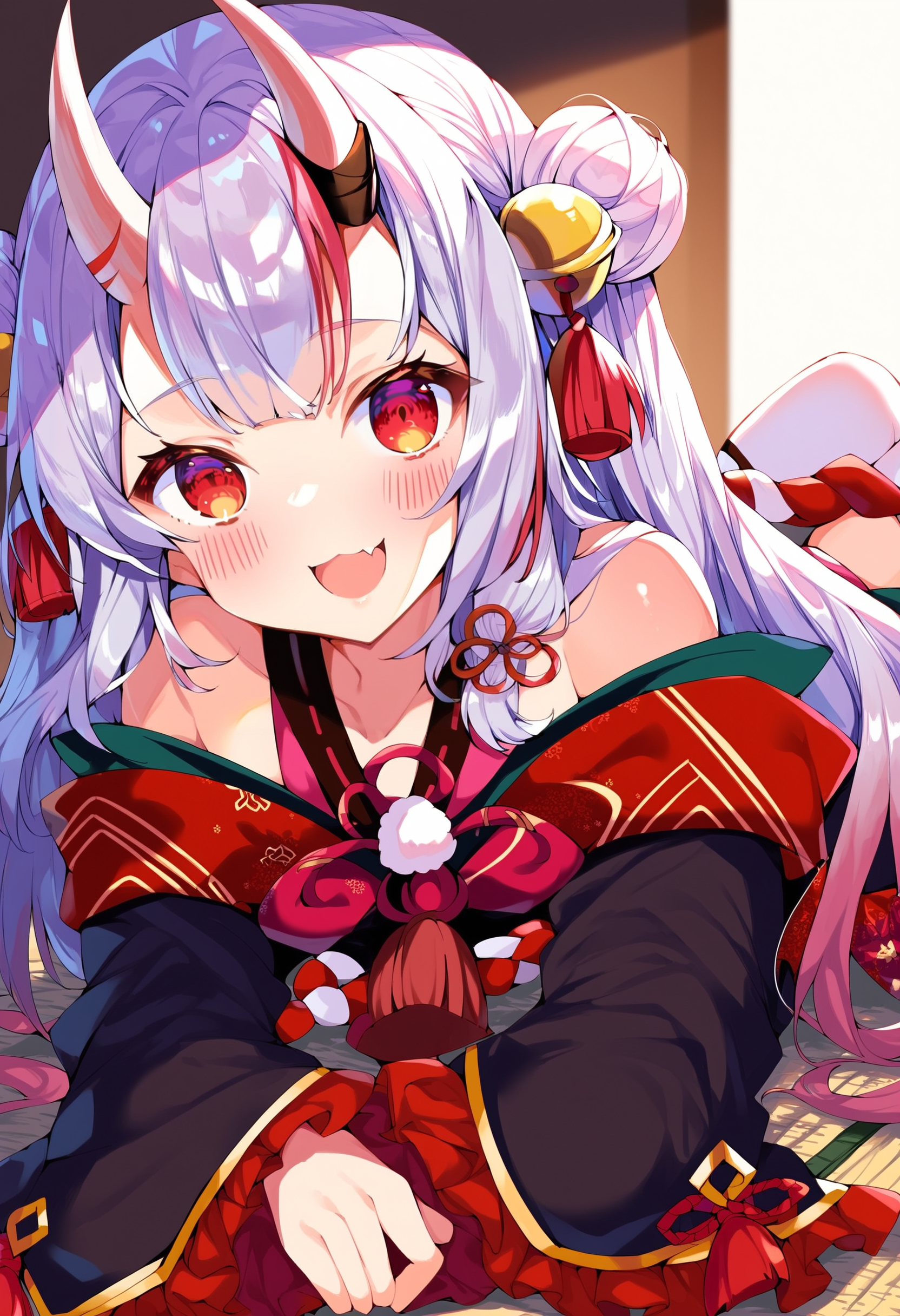 score_9, score_8_up, score_7_up, score_6_up, source anime,
nakiri ayame, nakiri ayame base, 1girl, long hair, hair bun, bell, looking at viewer, solo, hair ornament, japanese clothes, open mouth, thighhighs, oni, kimono, hair bell, blush, white thighhighs, black kimono, smile, shimenawa, rope, lying, skin-covered horns, on stomach, double bun, off shoulder, fang, tassel, long sleeves, :d, small breasts
<lora:nakiri_ayame_v1:1>