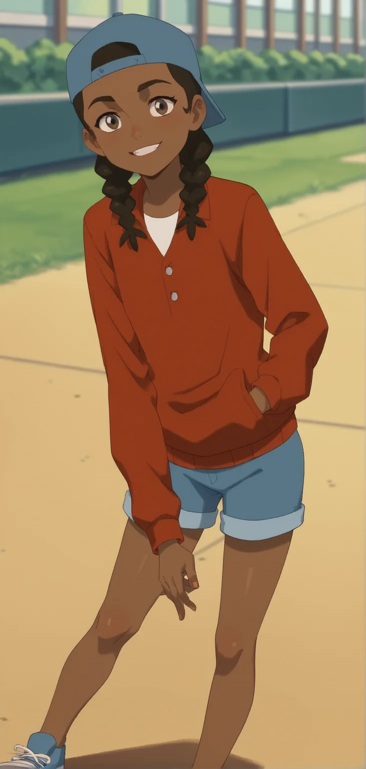 masterpiece, high quality, score_9, score_8_up, score_7_up Flip Johnson, Dark-skinned female, twin braids, black hair, backwards hat, baseball hat, brown eyes, shorts, red jacket, white shirt, ((cute)), 1girl, smile, looking at viewer, full body<lora:Flip_Johnson_of_My_Adventures_with_Superman:0.9>