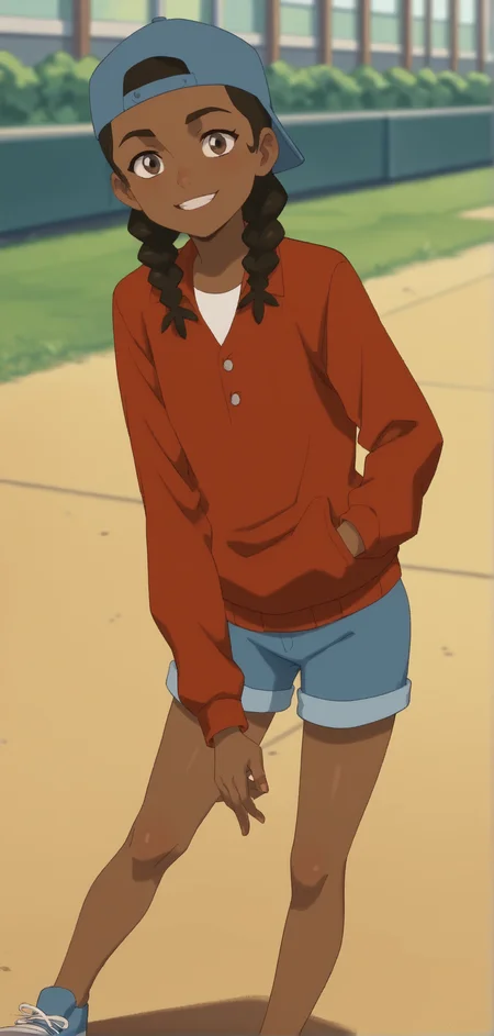 masterpiece, high quality, score_9, score_8_up, score_7_up Flip Johnson, Dark-skinned female, twin braids, black hair, backwards hat, baseball hat, brown eyes, shorts, red jacket, white shirt, ((cute)), 1girl, smile, looking at viewer, full body<lora:Flip_Johnson_of_My_Adventures_with_Superman:0.9>