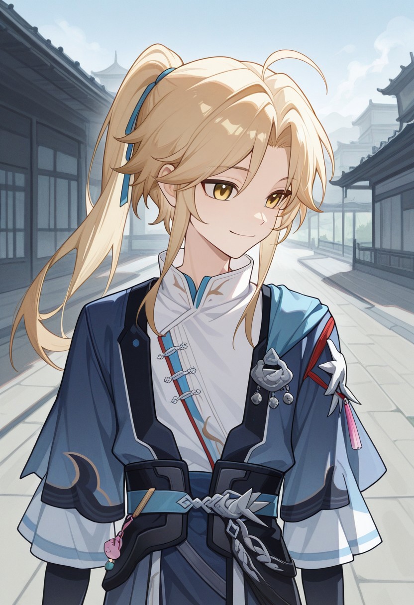 masterpiece,best quality,amazing quality, source_anime, 
Yanqihonk, 1boy, male focus, yellow eyes, blonde hair, long hair, ponytail, chinese clothes, shirt, white shirt, kimono, blue kimono, outdoor, smile,