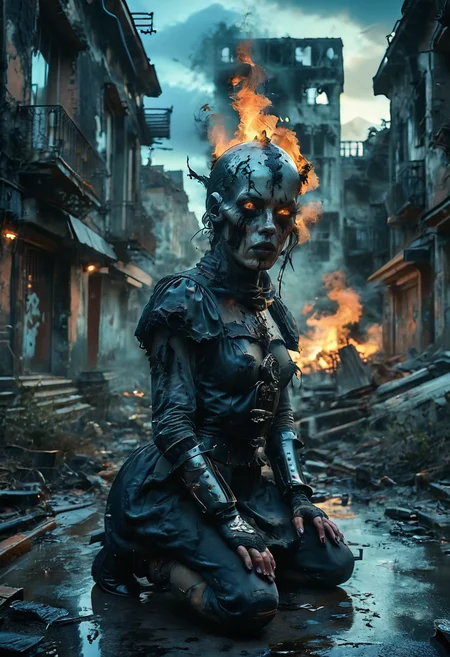 (Full body photograph, ultra-realistic:1.2). score_9, score_8_up, score_7_up, female gothic sexbomb knight , portrait, kneeling, defeated, tired, gothic armor, open helmet, temple, reflections, highly detailed, film grain, <lora:zy_Realism_Enhancer_v1:0.75>
BREAK scenery. sky. outdoors. cloud. fire. building. tree. burning. cloudy sky. smoke. sunset. nature. city. cityscape. blue sky. The photograph captures a moment during sunset with dramatic cloud formations that are tinged by fiery oranges and deep purples against an otherwise muted sky.
<lora:MoodySky_set2:0.01>