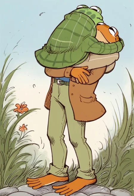 face hug, on shoulders, shoulder carry, carrying, from behind, arms on head, score_9, score_8_up, _r4b_, score_7_up, frog and toad,Illustration by Lobel, outdoors