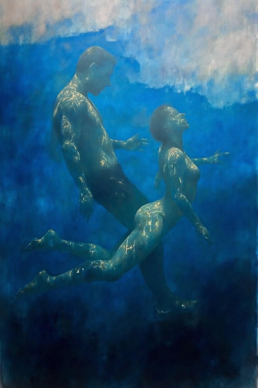 billbate1 painting. A man and a woman, shown in side profiles, are submerged in a blue-toned aquatic environment. The background is a mix of blue and white, creating depth. <lora:billbate1_cap_d8a4e12:1.0><lora:852791656615819221:0>