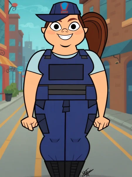 score_9, score_8_up, score_7_up, score_6_up, score_5_up,
overweight, woman, light blue shirt, blue vest, blue pants, boots, blue hat, brown ponytail hair
, center frame, looking at viewer, smile, 3/4 view
, 1girl, solo, standing, city
<lora:Aeolus06:1> aeolus06 <lora:MacArthur (Total Drama)XL:0.85>