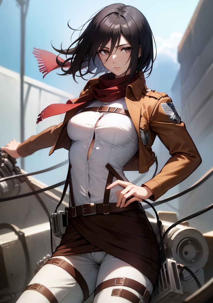 UHD, 64K, best quality, uncensored, wallpaper, ideal ratio body proportions, studio quality <lora:age_slider_v2:2> BREAK
(1girl, solo, sharp focus, running, anime keyvisual, cowboy shot, studio lighting, summer, daytime), <lora:boldline:0.1> <lora:add_detail:0.2> <lora:Wasteland-10:0.3> (Wasteland, ruined, abandoned, broken objects, dirty) BREAK
<lora:mikasa_ackerman_v1:0.7> <lora:mikasa ackerman-lora-nochekaiser:0.5> (mikasa ackerman, hmmikasa, black hair, very short hair, black eyes, hair between eyes, small breasts, scarf, emblem, belt, thigh strap, red scarf, belt, brown jacket, dress shirt, jacket, open clothes, open jacket, pants, paradis military uniform, shirt, strap gap, thigh strap, three-dimensional maneuver gear, white pants, white shirt)