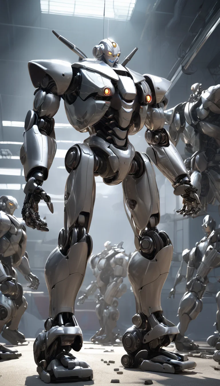 Cinematic scene, hero view, battle robot, action pose, factory, detailed background, masterpiece, best quality, high quality, absurdres, 3d <lora:3d_xl_v3:1>