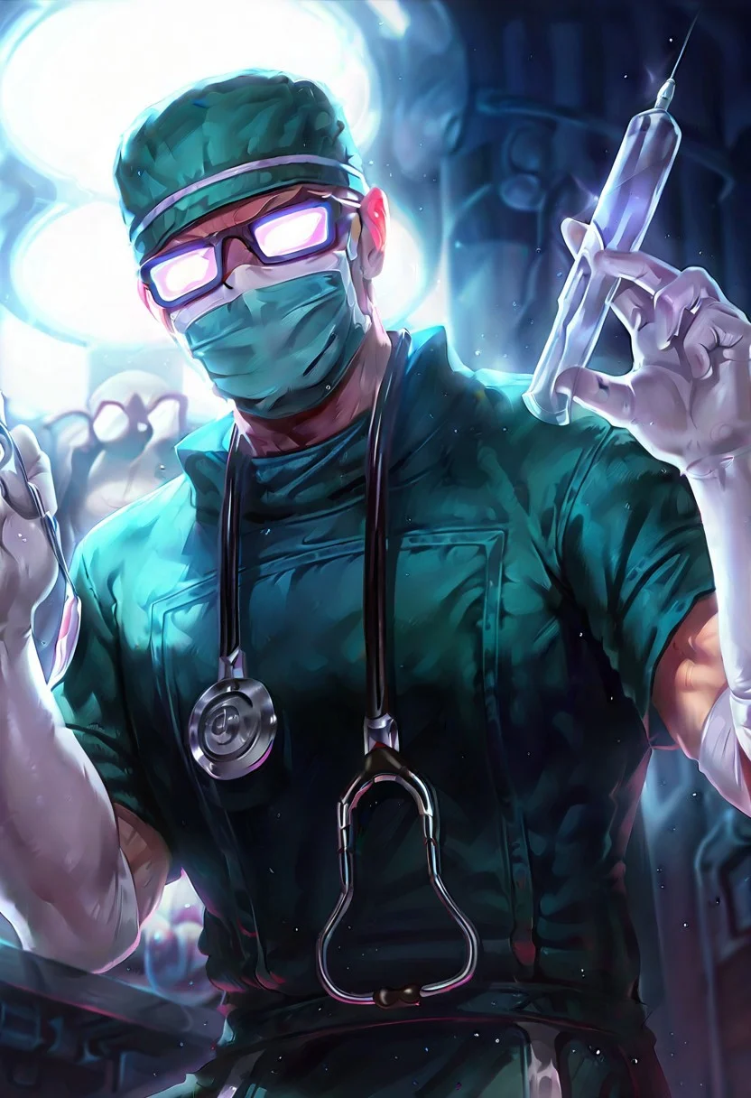 anime, masterpiece, best quality, detailed background, 8k, detailed face, beautiful eyes, mature, doctors office,
surge0n shen,gloves,mask,hat,mouth mask,glasses,glowing glasses,uniform,green headwear,weapon, syringe, syringe stuck in arm 1boy, sitting, table, hands on table
BREAK,