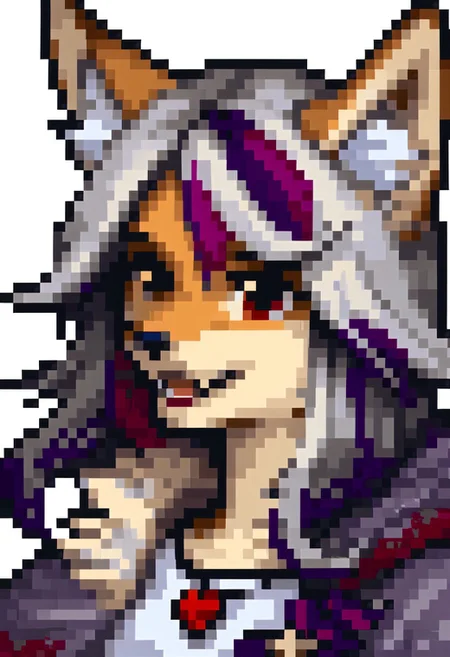 score_9, score_8_up, score_7_up, source_furry, fe4portraits, portrait, white background, pixel art, source_furry, fox girl, sfxm, anthro, female furry, fox, fox tail, fox ears, body fur, fluffy, paws, tunic, cape, scarf, heart-shaped pendant, bandages, red eyes, open mouth, fangs, (red hair, (violet highlights:2)),