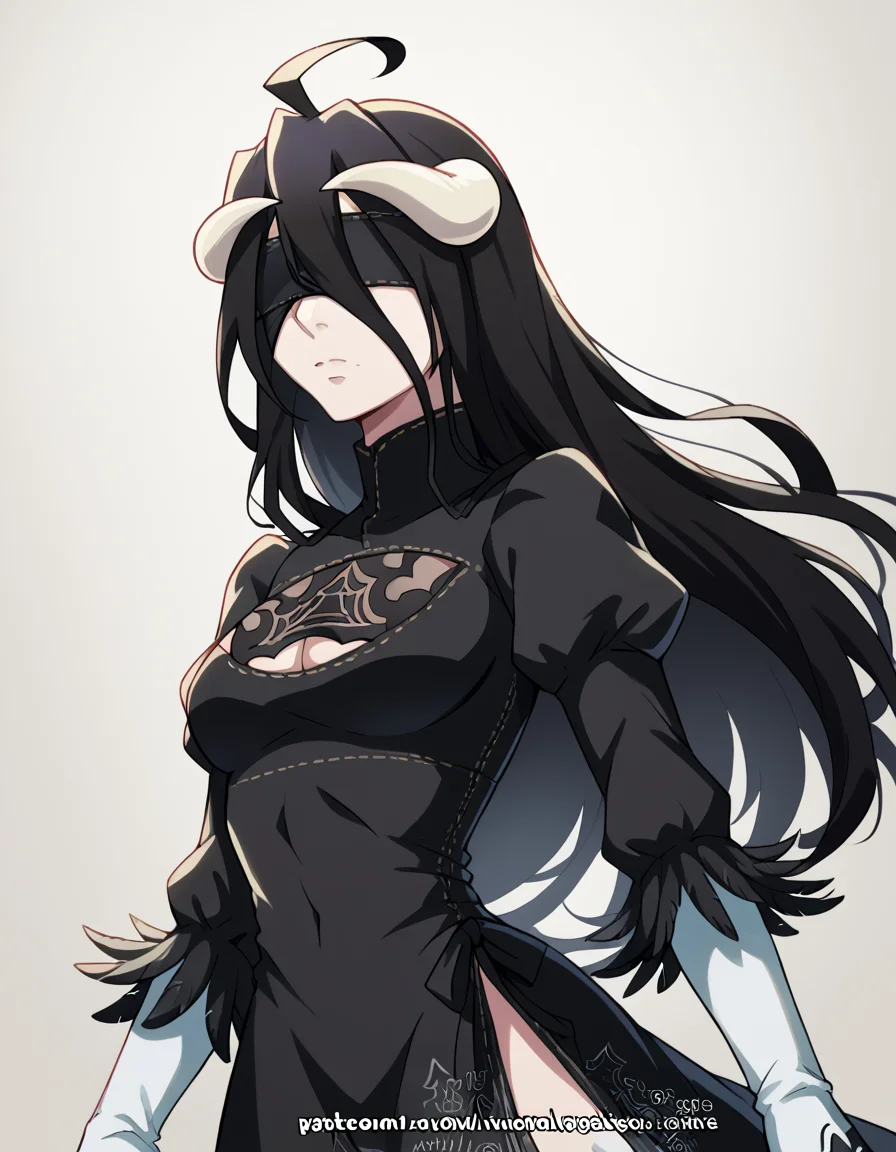 score_9, score_8_up, score_7_up, source_anime, overlordalbedo, <lora:overlord-albedo-s1s2-ponyxl-lora-nochekaiser:1>, albedo, ahoge, black hair, horns, long hair, yellow eyes,, <lora:2b-cosplay-ponyxl-lora-nochekaiser:1>, 2bcosplay, 2b \(nier\:automata\) \(cosplay\), gloves, long sleeves, dress, puffy sleeves, black dress, clothing cutout, cleavage cutout, juliet sleeves, feather-trimmed sleeves, blindfold, black blindfold, covered eyes,, wasteland,, cowboy shot, dutch angle,