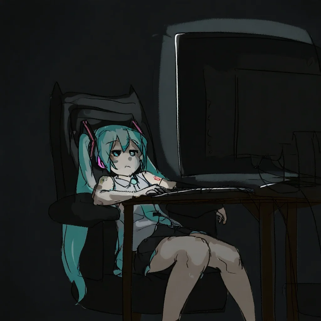 imagine, sketch, 1girl, hatsune miku, jitome, feet out of frame, looking ahead, monitor, keyboard (computer), mouse (computer), gaming chair, desk, dark, dark background, dim lighting, sitting, on chair,