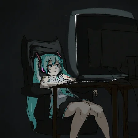 imagine, sketch, 1girl, hatsune miku, jitome, feet out of frame, looking ahead, monitor, keyboard (computer), mouse (computer), gaming chair, desk, dark, dark background, dim lighting, sitting, on chair,