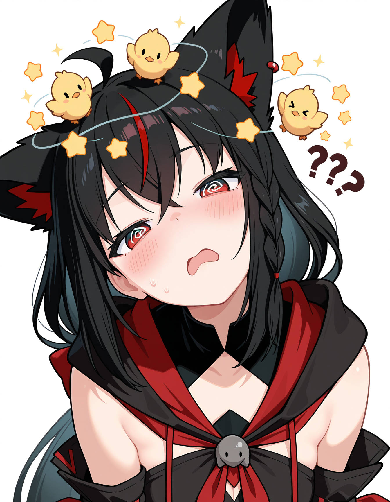 1girl, kurokami fubuki, hololive,solo,
head tilt, confused, ?,??,  blush, open mouth, @_@,half-closed eyes, 
seeing stars, bird, chick, star (symbol),sparkle,dizzy,
upper body,  ,
leaning forward,  ,
white background, simple background,
masterpiece,best quality,amazing quality,very aesthetic,absurdres,newest,
<lora:reduce_wrinkles_illstriouosv0.1_ADDifT_2_in_1_v1.2:0.8>,
<lora:99coins_seeing_stars_IL_v5_10:1>,