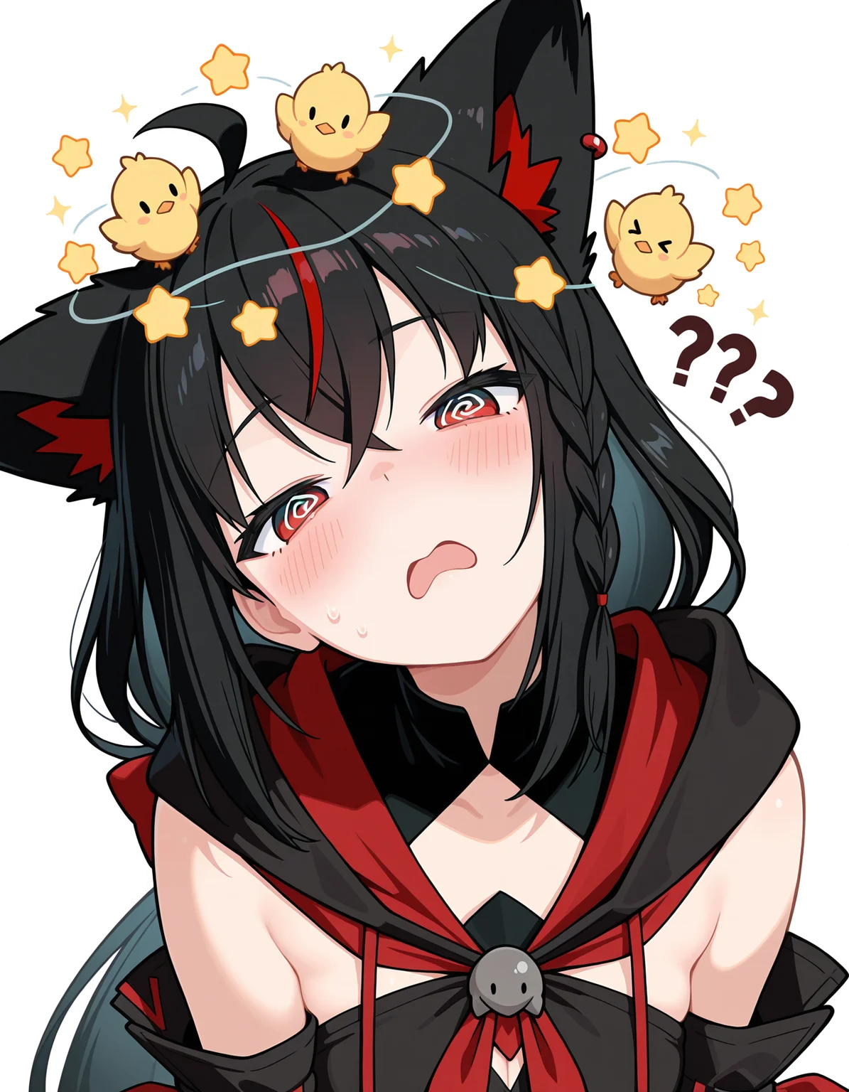 1girl, kurokami fubuki, hololive,solo,
head tilt, confused, ?,??,  blush, open mouth, @_@,half-closed eyes, 
seeing stars, bird, chick, star (symbol),sparkle,dizzy,
upper body,  ,
leaning forward,  ,
white background, simple background,
masterpiece,best quality,amazing quality,very aesthetic,absurdres,newest,
<lora:reduce_wrinkles_illstriouosv0.1_ADDifT_2_in_1_v1.2:0.8>,
<lora:99coins_seeing_stars_IL_v5_10:1>,