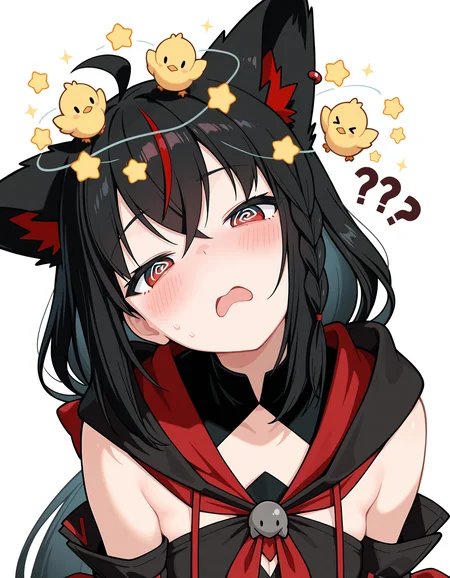 1girl, kurokami fubuki, hololive,solo,
head tilt, confused, ?,??,  blush, open mouth, @_@,half-closed eyes, 
seeing stars, bird, chick, star (symbol),sparkle,dizzy,
upper body,  ,
leaning forward,  ,
white background, simple background,
masterpiece,best quality,amazing quality,very aesthetic,absurdres,newest,
<lora:reduce_wrinkles_illstriouosv0.1_ADDifT_2_in_1_v1.2:0.8>,
<lora:99coins_seeing_stars_IL_v5_10:1>,