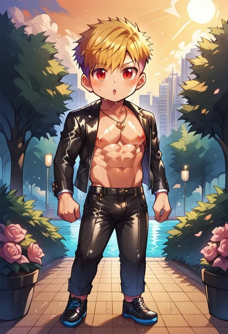score_9, score_8_up, score_7_up, score_6_up, masterpiece, uncensored, best quality, amazing quality, best aesthetic, absurdres, intricate details, source_anime, yaoi, gay, full body BREAK 1boy, 18 years old, blonde hair, pixie cut, red eyes, pecs, nipples, black blazer, revealing clothes, black leather shoes, black pants, necklace BREAK dynamic pose BREAK outdoors, park, flower, pink rose, Sunset, ch3b3sq4at