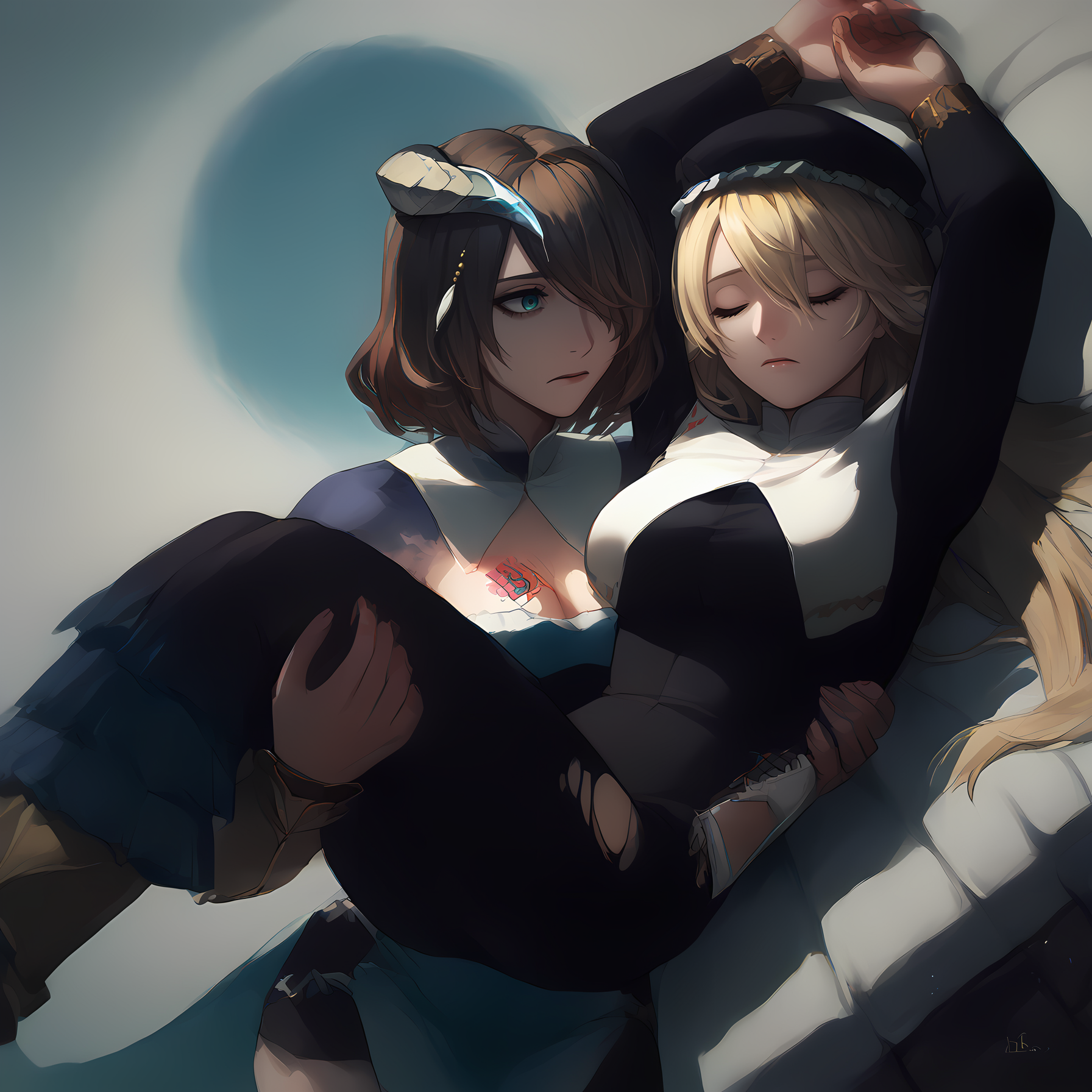 score_9, score_8_up, score_7_up, source_anime, 2girls,  <lora:princess_carry_pony_pony:1>, princess carry,
BREAK, <lora:MiriamBS-pdxl:0.75>, miriamBS, carrying, short hair, hair ornament, horns, cleavage, breast tattoo, dress, low neckline,  detached sleeves, gauntlets, single gauntlet, concerned expression, standing
BREAK,  <lora:dominique_bloodstained:0.75>, lying on back, dominique_nun, glasses, bleeding, blood, ripped clothes, torn clothes, unconscious, asleep, injured, blonde hair,
