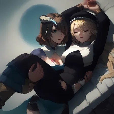 score_9, score_8_up, score_7_up, source_anime, 2girls, <lora:princess_carry_pony_pony:1>, princess carry,
BREAK, <lora:MiriamBS-pdxl:0.75>, miriamBS, carrying, short hair, hair ornament, horns, cleavage, breast tattoo, dress, low neckline, detached sleeves, gauntlets, single gauntlet, concerned expression, standing
BREAK, <lora:dominique_bloodstained:0.75>, lying on back, dominique_nun, glasses, bleeding, blood, ripped clothes, torn clothes, unconscious, asleep, injured, blonde hair,