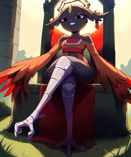 <lora:Lunarmarshmallow_Style_PonyXL:1.19>, <lora:whox:0.33>, <lora:BarryBBeesly:0.34>, score_9, score_8_up, score_7_up, score_6_up, source_furry, rating_explicit, rating_safe BREAK
(underground:1.21), factory, grass, plant, flower, dirt, shrub, dim lighting, (throne, sitting on throne:1.33), (backlighting:1.31), solo, low-angle view, three-quarter view, full-length portrait, dutch angle BREAK
<lora:Goumang_PDXL:1> goumang, female, harpy, furry, black nose, feather hands, black eyes, (prosthetic leg:1.2), avian feet, long eyelashes, red (eyeliner:1.2), halo, ear piercing, kimono, slit dress, red arms, (red tail, long tail:1.27) BREAK
sitting, (crossed legs:1.21), (arms at sides:1.22), looking down at viewer, smug, grin, smile, teeth, (squint, narrowed eyes:1.22), (3 toes:1.14) <lora:LandscapeFixer:1>