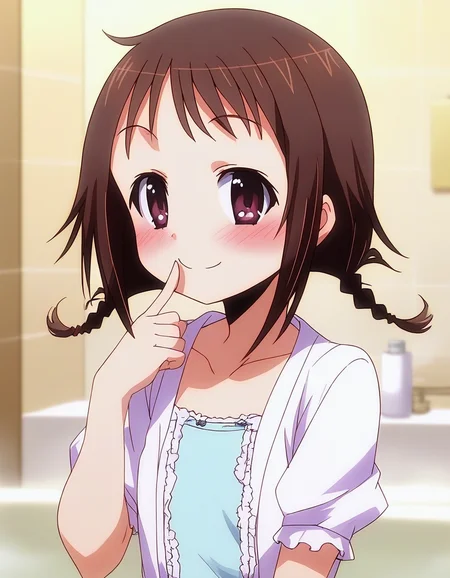 score_9, score_8_up, score_7_up, source_anime, rating_explicit, BREAK <lora:Wakana_Misato_XL:1> Wakana_Misato, brown hair, short hair, twin braids, purple eyes, brown eyes,
solo, smile, flower, blush, looking at viewer, upper body, finger to mouth, dress, collarbone
bath room,