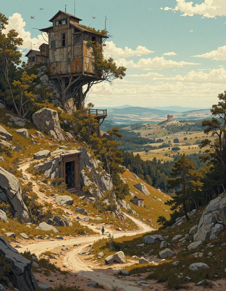 Aerial drone shot of a serene uphill landscape with a macro scale, blending contrasting elements, as in the works of Cubist master Pablo Picasso's "Guernica," set against a sepia-toned backdrop, amidst a sea of aged duckstones and worn, classic textures, with a soft gradient sky transitioning from blue to warm hues. The scene is bathed in flat, muted lighting, evoking a sense of stillness and quiet contemplation, exemplified by the serene nature of macrobiosis, while the rustling of leaves beneath cam-filled trees subtly hints at the delayed arrival of spring, where transcoloration of time seems to be in a state of unjam. The atmosphere is thick with the scent of afetal plant life, as if time has been calibrated, allowing for a rare moment of peace amidst nature's cacophony, exemplified by the serene hillscape, now 'calibered' for stillness. A small, vintage-style panopticon stands sentinel in the distance, watching over this tranquil scene with an air of quieting influence, as if urging us to take a moment to 'scoldingly' reevaluate our priorities, and find solace in the beauty of nature's timeless chronogrammic design. The camera captures this scene from directly above, using a wide-angle lens, framing it against the soft horizon line, with an emphasis on depth and layering, evoking the timeless essence of sepia-toned photographs taken during Arendalite era, in 8K resolution, with photorealistic rendering, subtly enhanced by soft gradients to create an ethereal atmosphere., <lora:models\Flux\FLUX-daubrez-DB4RZ:0.83>, DB4RZ, DB4RZ style painting, <lora:models\Flux\ILLUSTRATION_2_FLUX v2:0.53>, <lora:models\Flux\Fantastic Realism - s0_8 g4:0.44> f4nt4st1c,