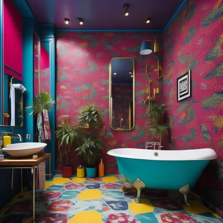 <lyco:kitsch_style_interior_design_Sa_May:1.0> kitsch style interior design of bathroom multicolor