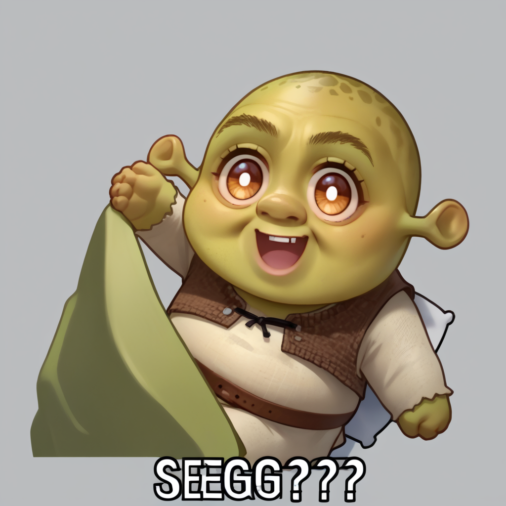 score_9, score_8_up, score_7_up, source_anime, Seggs, chibi, open mouth, smile, english text, <lora:Seggs_XLPD:1.1>, <lora:Shrek_XLPD:1> shrek, green skin