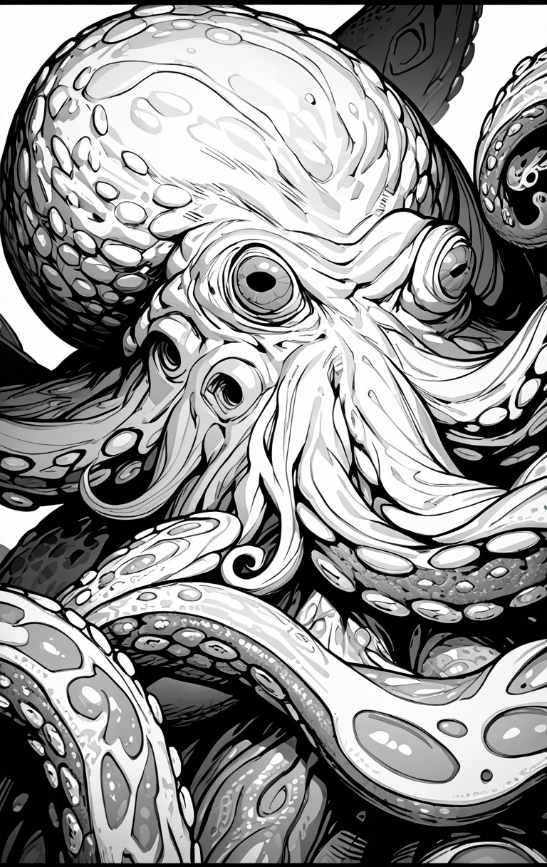 (masterpiece, intricate:1.3), (best quality, hires textures, high detail:1.2), (4k), (incredibly detailed:1.4),  4K|8k, extremely high-resolution details with fine textures that are incredibly lifelike, (wb:1.3), lineart, animal, (octopus:1.3), pure white background,  full height, limited palette, monochrome,  (black and white:1), creepy, dark atmocphere,  <lora:octopus_v0.2-pony:1> <lora:Tentacle_Felatio_4PonyXL:0.8> penis in tentacle, tentacle felatio, cum in tentacles, transparent tentacles