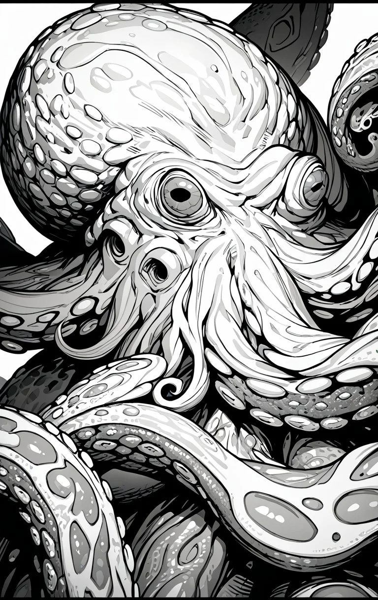 (masterpiece, intricate:1.3), (best quality, hires textures, high detail:1.2), (4k), (incredibly detailed:1.4), 4K|8k, extremely high-resolution details with fine textures that are incredibly lifelike, (wb:1.3), lineart, animal, (octopus:1.3), pure white background, full height, limited palette, monochrome, (black and white:1), creepy, dark atmocphere, <lora:octopus_v0.2-pony:1> <lora:Tentacle_Felatio_4PonyXL:0.8> penis in tentacle, tentacle felatio, cum in tentacles, transparent tentacles