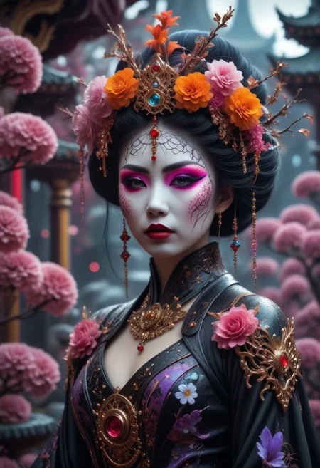 A professional photography of a gothic geisha with whimsical elements, surrounded by an magical and eerie fairytale landscape with sparkling crystals and colorful flowers, awesome appearence, fantastic cyberpunk art concept, intricate details, trending on artstation, masterpiece, 8k