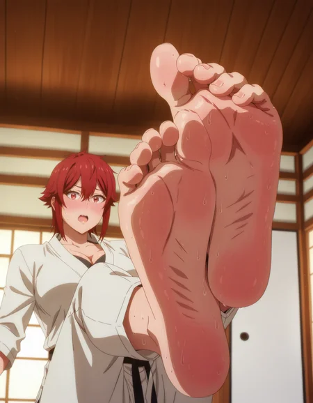 masterpiece, best quality, absurdes, 1girl, ((solo)), <lora:Tomo_Aizawa_Tomo-chan_is_a_Girl_-_Illustrious:0.8> tomo aizawa, red hair, short hair, red eyes, hair between eyes, large breasts, cleavage, karate gi, karate uniform, black belt, barefoot, soles, wrinkled feet, wrinkled soles, looking at viewer, blushing, embarrassed, open mouth, :o, ((cute)), dojo, interior, sweat, excessive sweat,     <lora:GLSHS:0.8> shslg, anime coloring