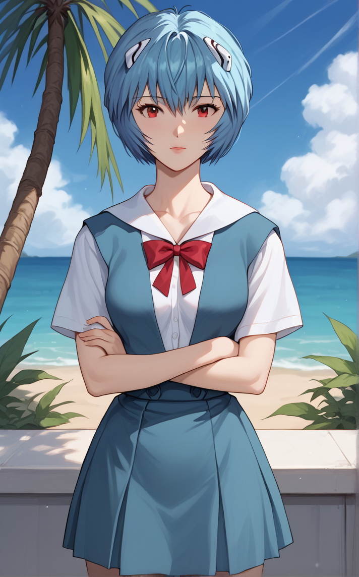 score_9, score_8_up, score_7_up, absurdres, 1girl, bare tree, branch, breast hold, crossed arms, day, outdoors, palm tree, stomach, cowboy shot, blue sky, cloud, blurry background, legs together, closed mouth, standing, thighs, arm under breasts, <lora:PONYXL_Eve_ReiAyanami_ownwaifu:1>, BREAK MainOutfit_ReiAyanami_ownwaifu, 1girl, short hair, red eyes, blue hair, bangs, white shirt, red ribbon, short sleeves, neck ribbon, hair between eyes, collarbone, suspender skirt, sailor collar, pale skin, shirt, blue skirt, school uniform, blue dress, red bow, white sailor collar, breasts, collared shirt, eyebrows visible through hair, shiny hair, pinafore dress, red neckwear, vest, bob cut, bowtie, lips, messy hair, puffy sleeves, aqua hair, <lora:add-detail-xl:0.15>,