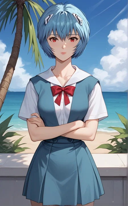 score_9, score_8_up, score_7_up, absurdres, 1girl, bare tree, branch, breast hold, crossed arms, day, outdoors, palm tree, stomach, cowboy shot, blue sky, cloud, blurry background, legs together, closed mouth, standing, thighs, arm under breasts, <lora:PONYXL_Eve_ReiAyanami_ownwaifu:1>, BREAK MainOutfit_ReiAyanami_ownwaifu, 1girl, short hair, red eyes, blue hair, bangs, white shirt, red ribbon, short sleeves, neck ribbon, hair between eyes, collarbone, suspender skirt, sailor collar, pale skin, shirt, blue skirt, school uniform, blue dress, red bow, white sailor collar, breasts, collared shirt, eyebrows visible through hair, shiny hair, pinafore dress, red neckwear, vest, bob cut, bowtie, lips, messy hair, puffy sleeves, aqua hair, <lora:add-detail-xl:0.15>,